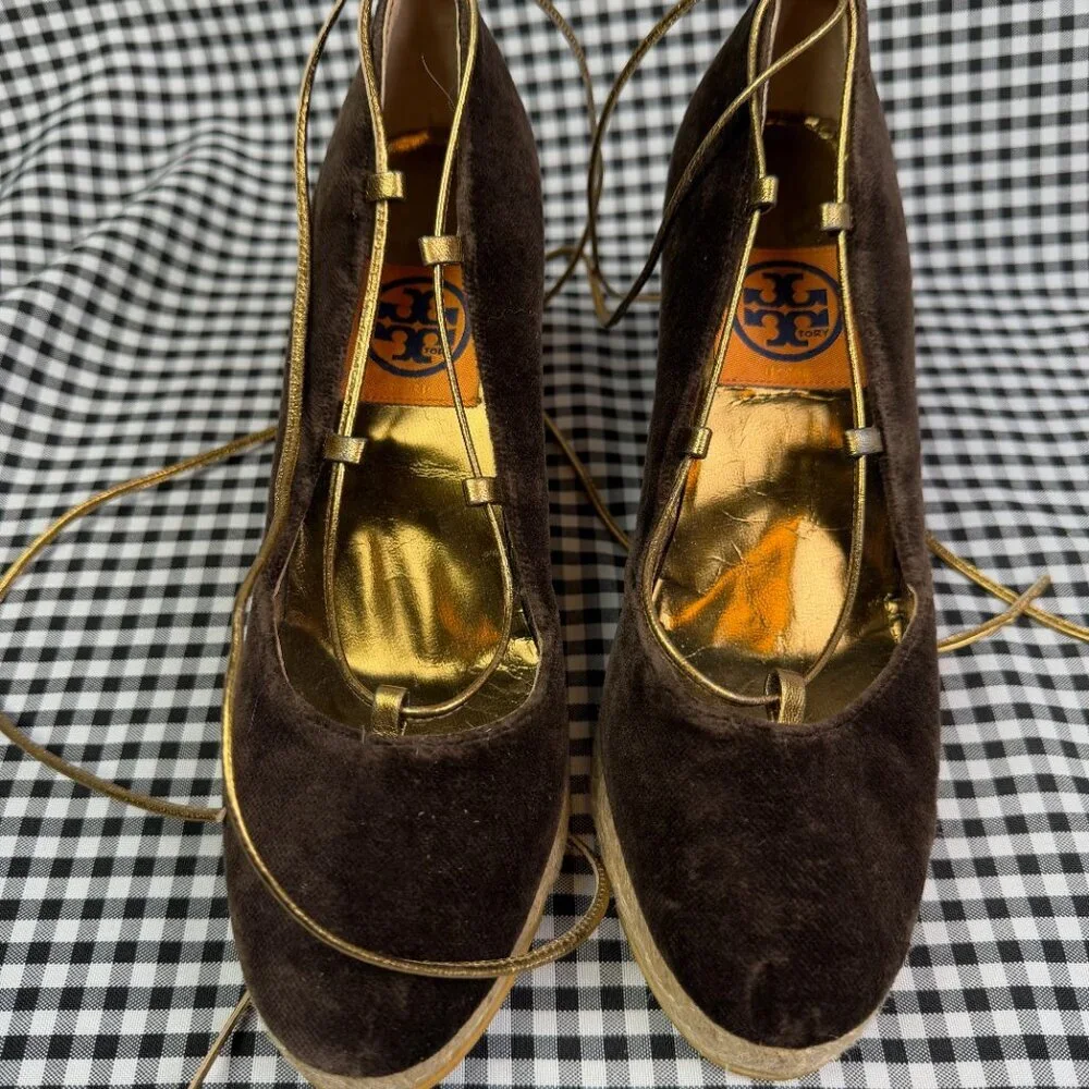 Tory Burch Velvet Espadrille Wedge Heels Brown Gold Lace Up Size 6.5